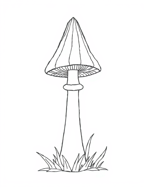 Tall Narrow Mushroom With A Pointed Cap black and white line art