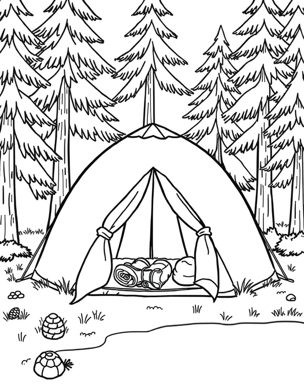 Tent in a Forest Clearing black and white line art