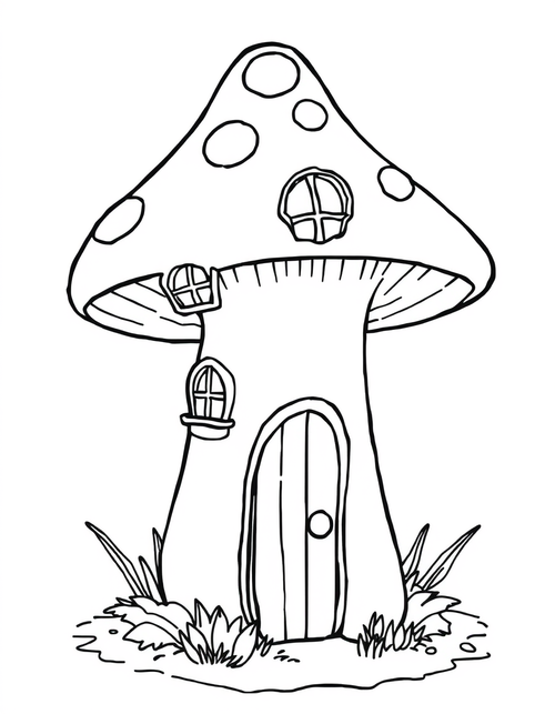 Toadstool House With Tiny Windows black and white line art