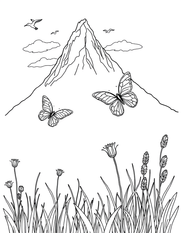 Two Butterflies Over a Mountain Meadow - black and white coloring page