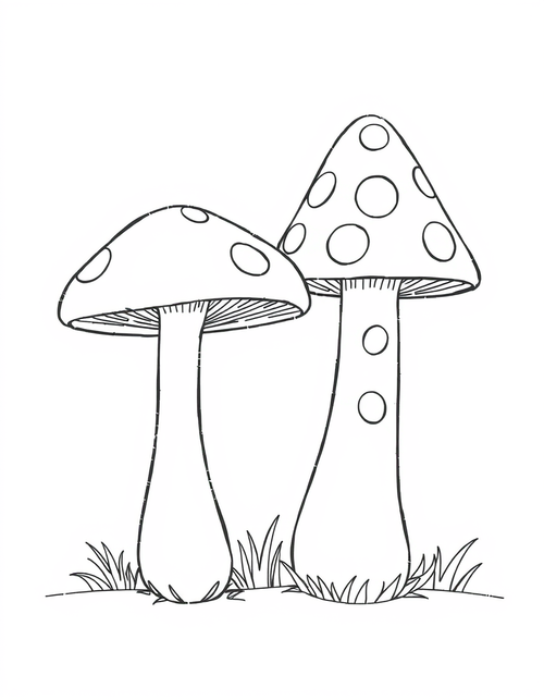 Two Cartoon Mushrooms Side By Side black and white line art