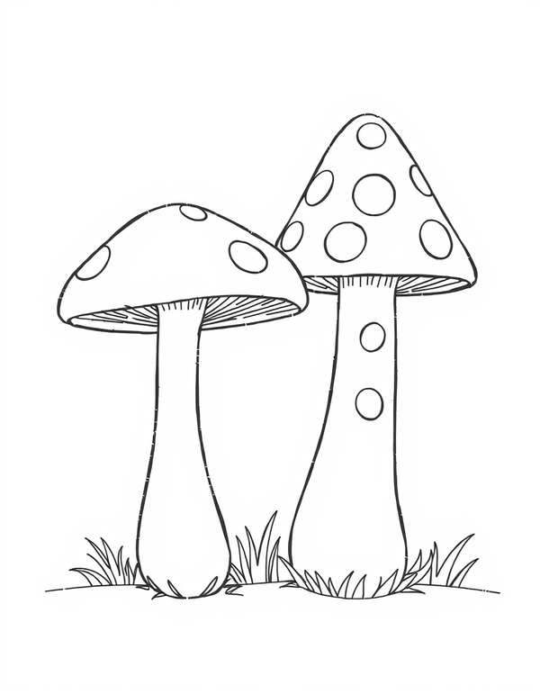 Two Cartoon Mushrooms Side By Side black and white line art