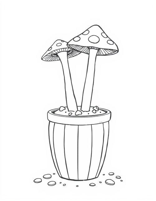 Two Mushrooms Growing In A Flower Pot black and white line art