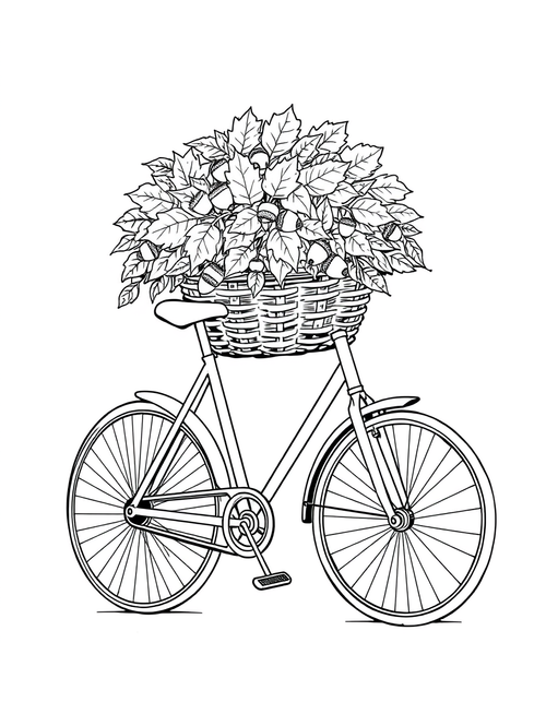 Bicycle With A Basket Of Leaves black and white line art