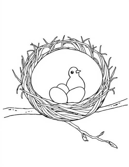 Birds Nest On A Branch black and white line art
