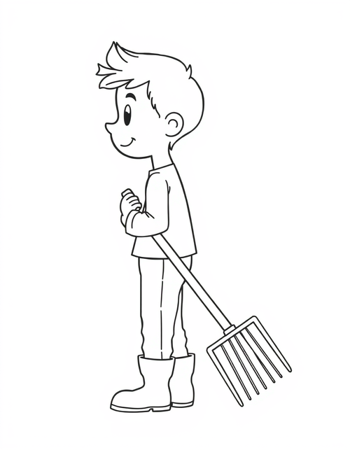 Boy Raking A Pile Of Leaves black and white line art