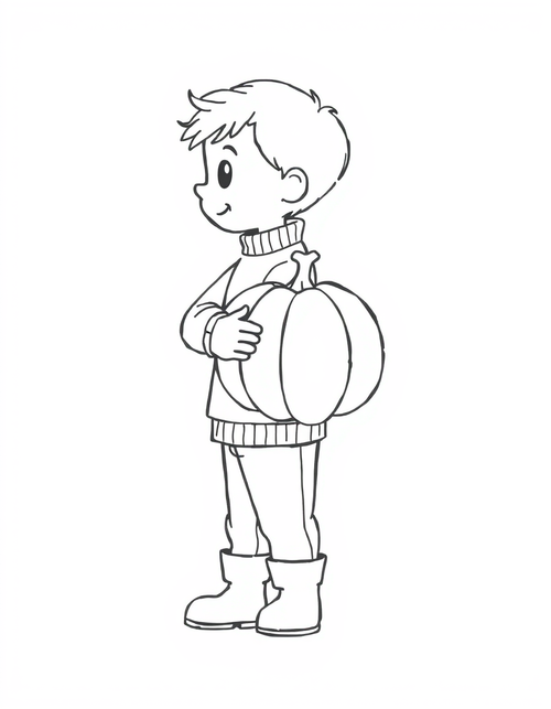 Child Carrying A Pumpkin black and white line art