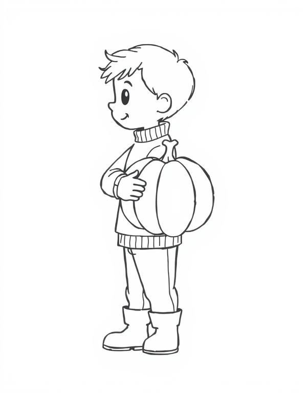 Child Carrying A Pumpkin black and white line art