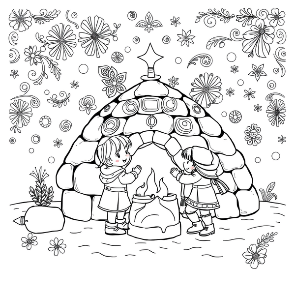 Black and white coloring page of children building an igloo together