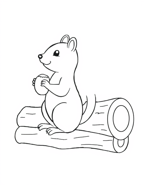 Coloring page of a chipmunk sitting up on a hollow log holding an acorn in both front paws