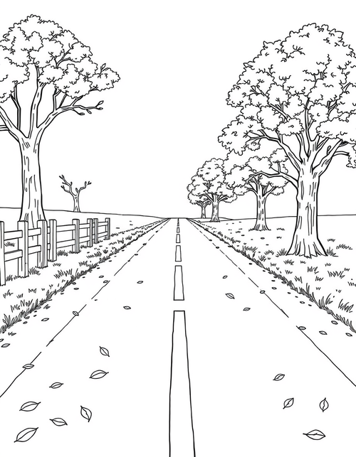 Country Road Lined With Trees black and white line art
