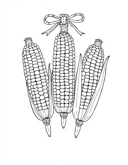 Coloring page of three ears of Indian corn with rows of open kernel outlines and long husks peeled back