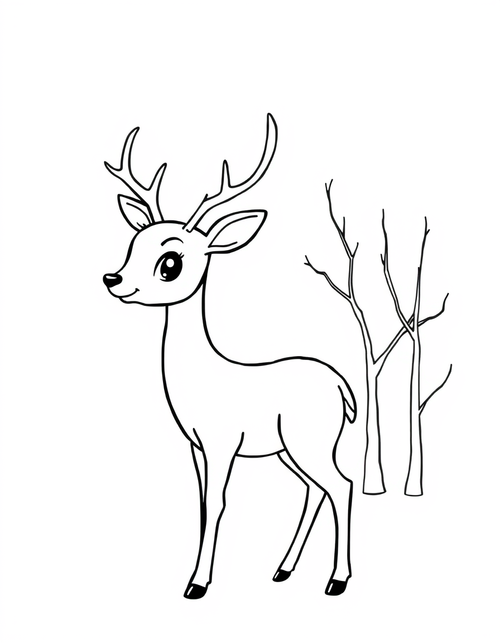 Deer Standing Among Bare November Trees black and white line art