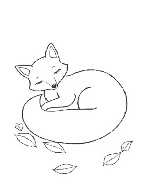 Fox Curled Up Asleep In Leaves black and white line art