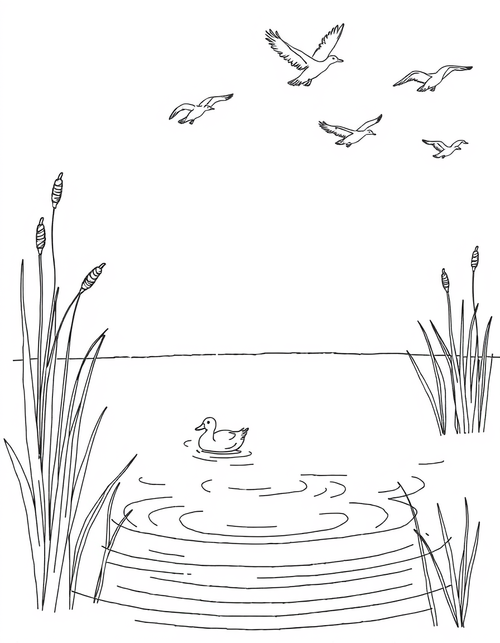 Geese Flying Over A Pond black and white line art