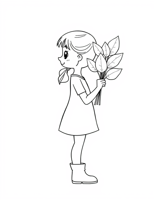 Girl Holding A Bunch Of Leaves black and white line art
