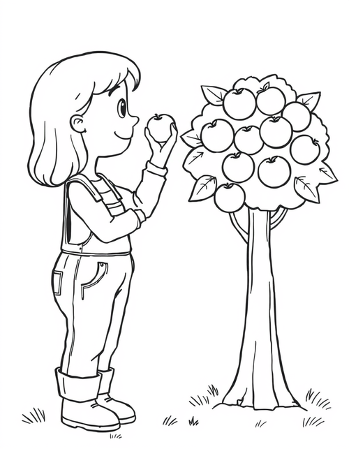Girl Picking Apples From A Tree black and white line art