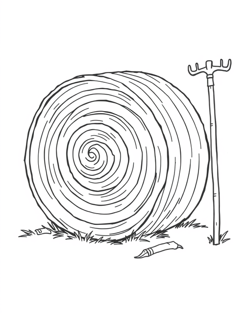 Hay Bale With A Pitchfork black and white line art