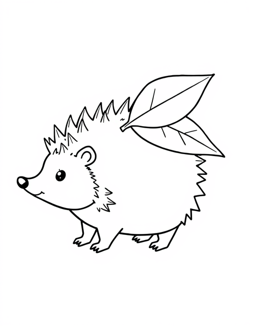 Hedgehog Carrying A Leaf black and white line art