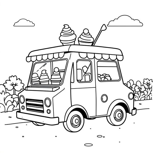 Black and white coloring page of ice cream truck on a hot summer day