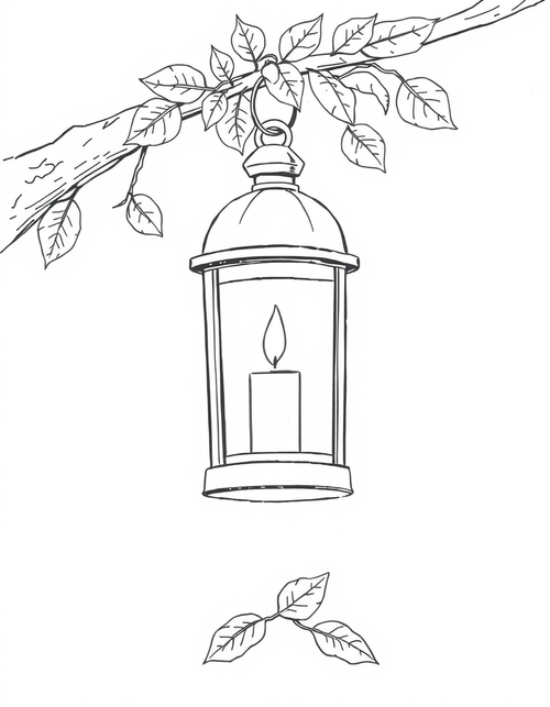 Lantern Hanging From A Branch black and white line art