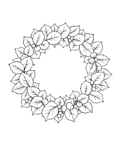 Leaf Wreath With Acorns black and white line art