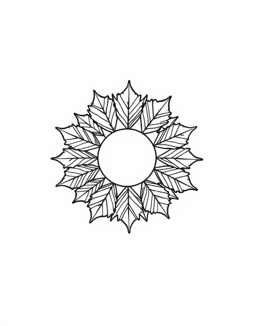 Maple Leaf Mandala Wheel black and white line art