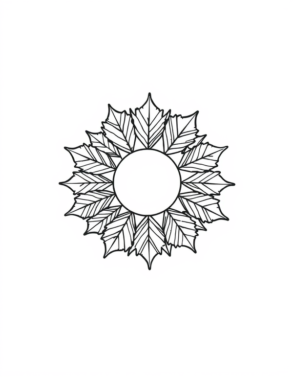 Maple Leaf Mandala Wheel black and white line art