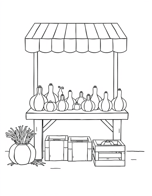 Market Stall Of Squash And Gourds black and white line art