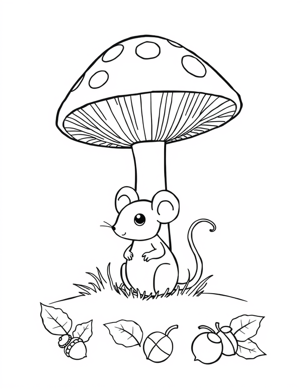 Mouse Sheltering Under A Mushroom black and white line art
