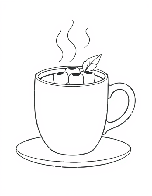 Mug Of Hot Cocoa With A Leaf black and white line art