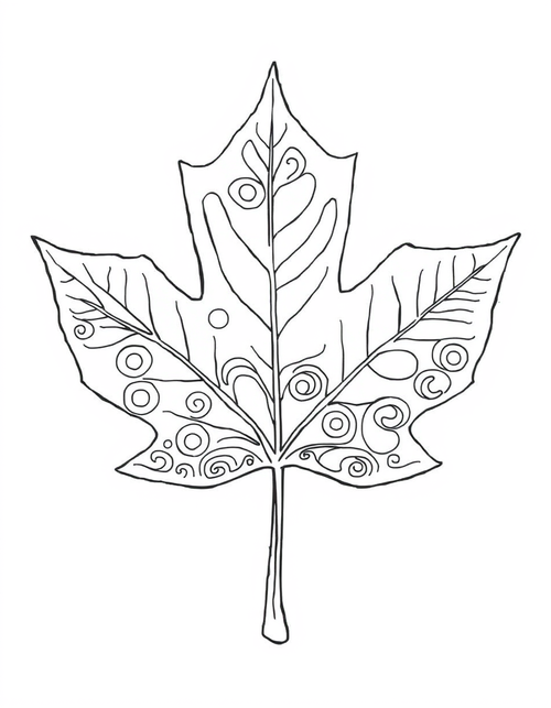 Coloring page of one large maple leaf whose sections are filled with open circles, wavy lines and teardrop shapes