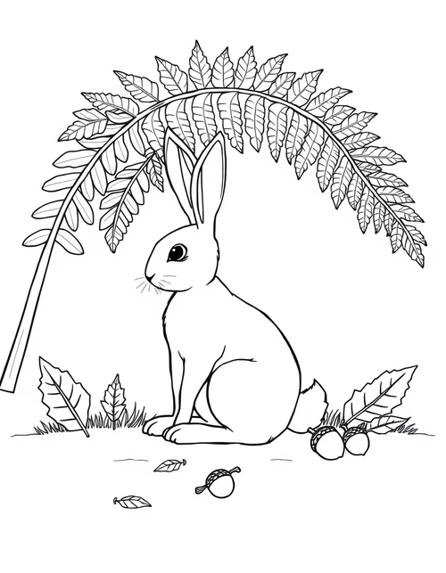 Rabbit Under A Fern black and white line art