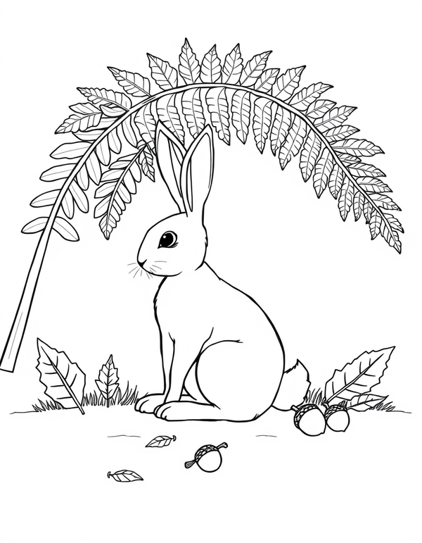 Rabbit Under A Fern black and white line art