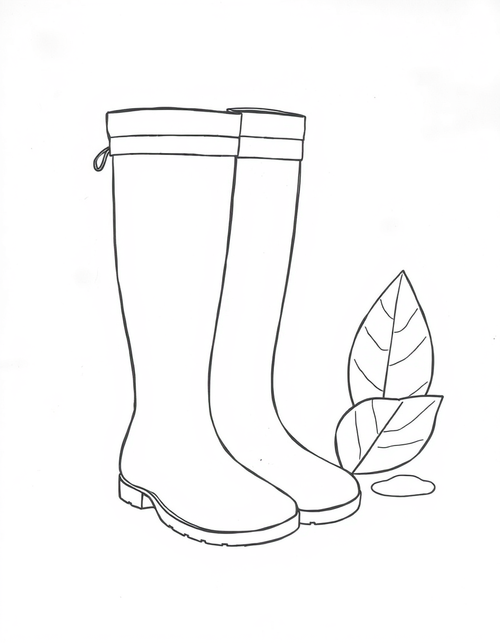 Rain Boots And A Fallen Leaf black and white line art
