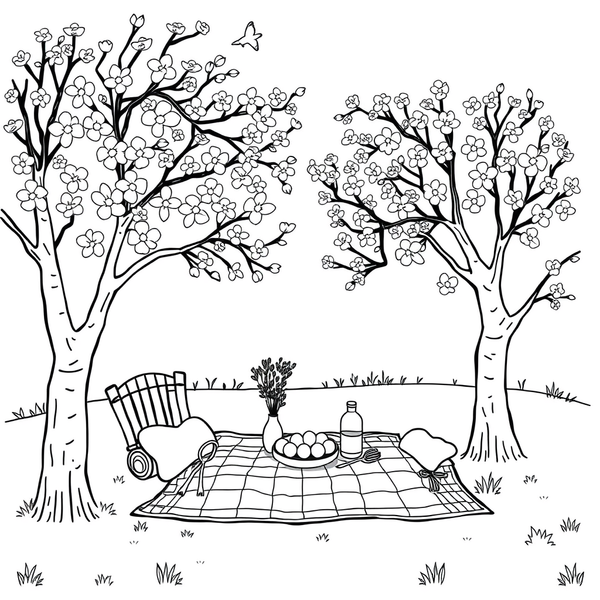 Black and white coloring page of spring picnic under blossoming trees