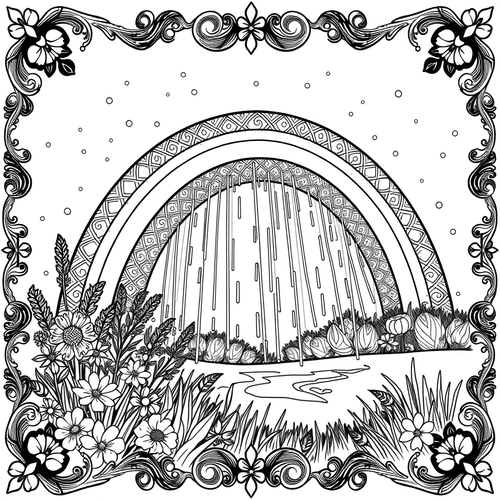Black and white coloring page of spring rainbow after a gentle shower