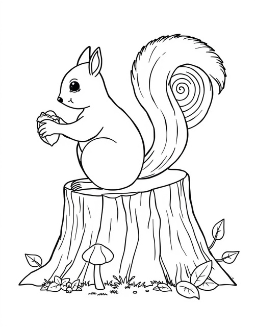 Squirrel On A Tree Stump black and white line art