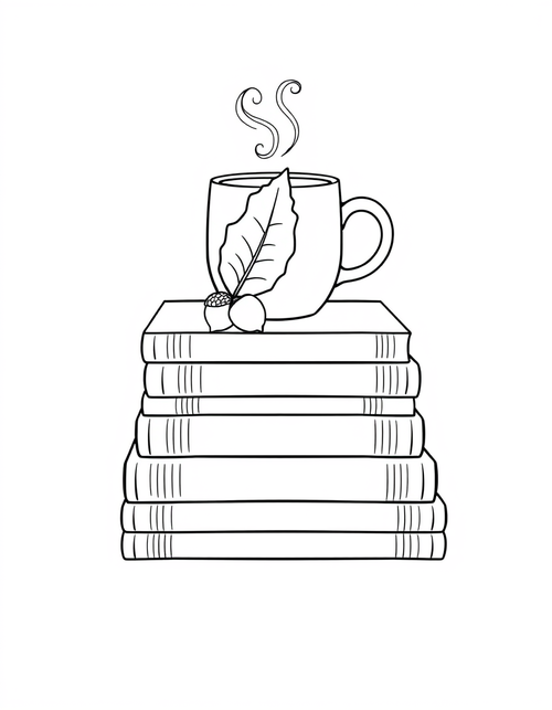 Stack Of Books With A Mug And A Leaf black and white line art