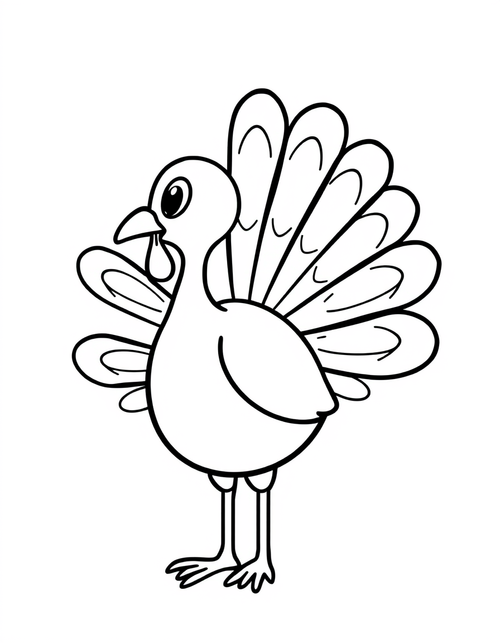 Turkey With Patterned Tail Feathers black and white line art