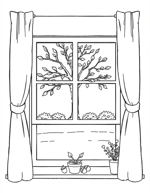 Window Looking Out At A Bare Tree black and white line art