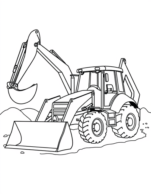 Black and white coloring page of a backhoe loader working at a construction site