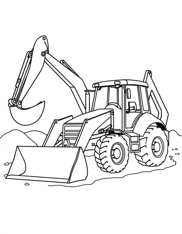 Black and white coloring page of a backhoe loader working at a construction site