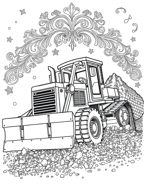 Black and white coloring page of a bulldozer pushing a large pile of dirt