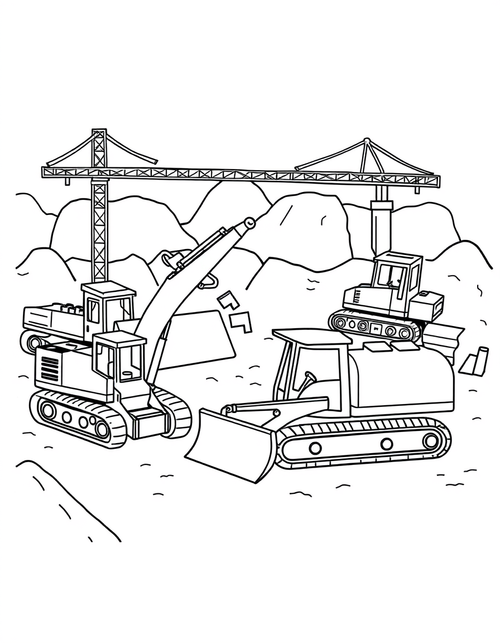 Black and white coloring page of a busy construction site with multiple machines working