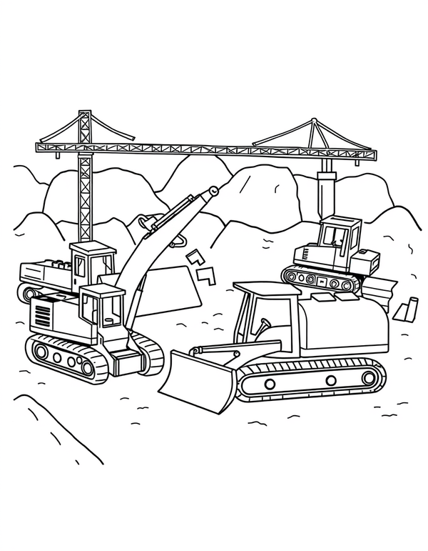 Black and white coloring page of a busy construction site with multiple machines working