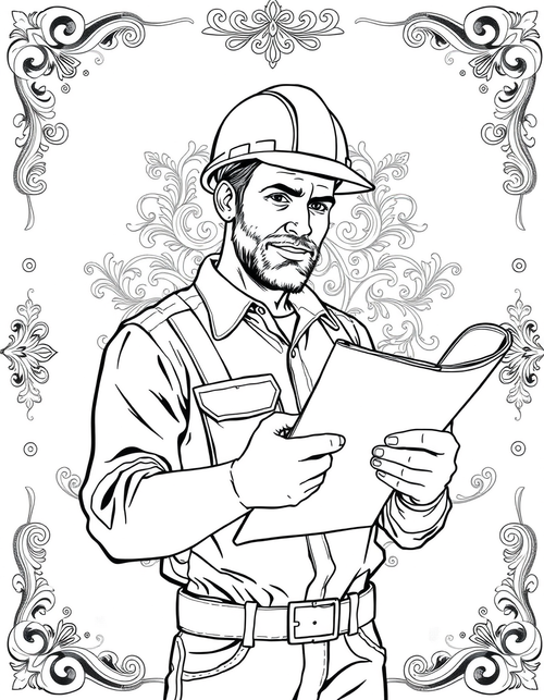 Black and white coloring page of a construction worker in hard hat holding blueprints