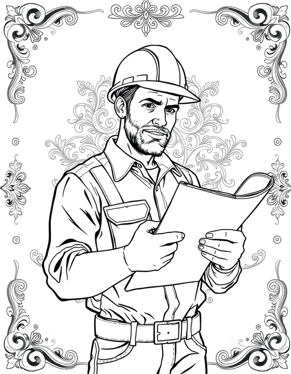Black and white coloring page of a construction worker in hard hat holding blueprints