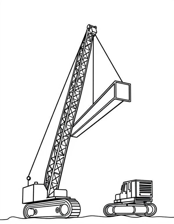 Black and white coloring page of a crane lifting a steel I-beam high in the air