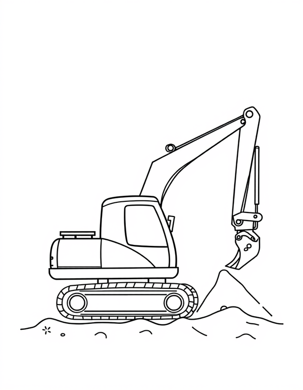 Black and white coloring page of an excavator digging into the earth
